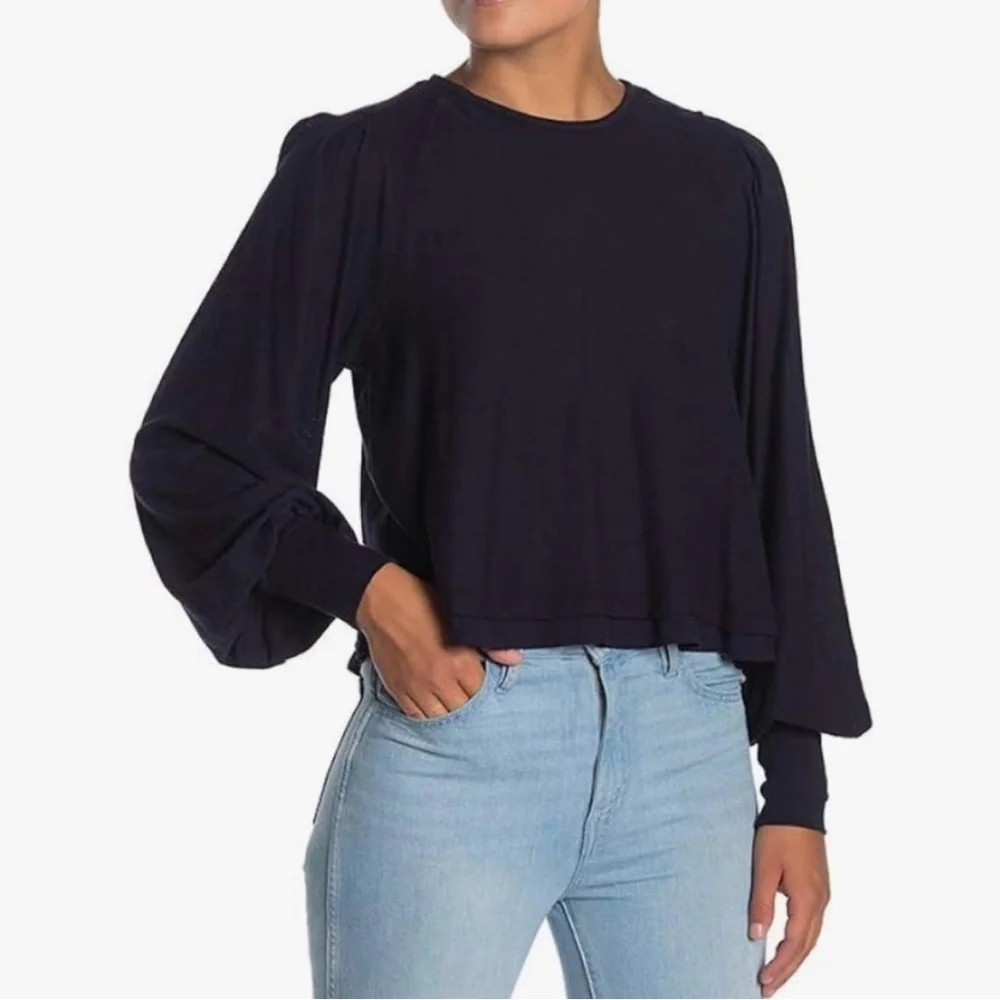 Free People Navy Billie Balloon Puff Sleeve Oversized Peasant Top Sz Medium